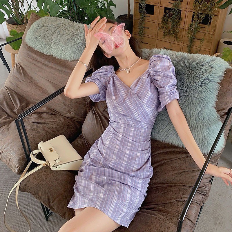 Váy Đầm Nữ Ôm Body Nhún Eo Tay Phồng Cổ V Vát Chéo Kẻ Caro - LITTLE KOREA