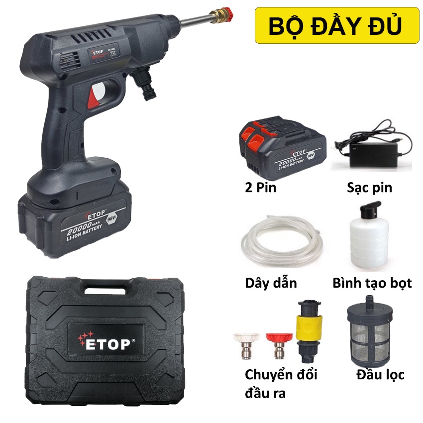 Máy rửa xe cầm tay dùng pin 98v, trọn bộ đầy đủ phụ kiện, pin 20000mAh, vệ sinh sân vườn, phụt rửa áp lực cao