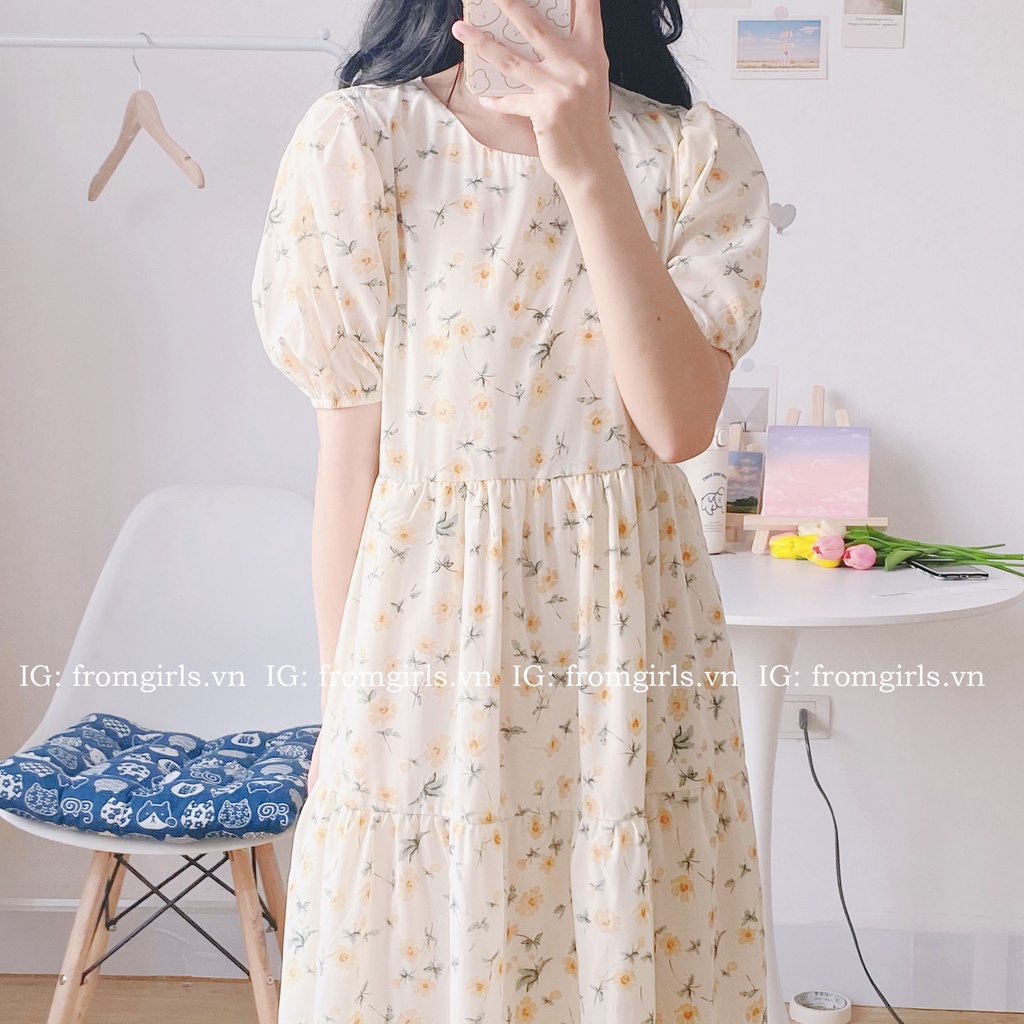 Váy babydoll hoa nhí, đầm maxi hoa nhí tay phồng  - V45FG