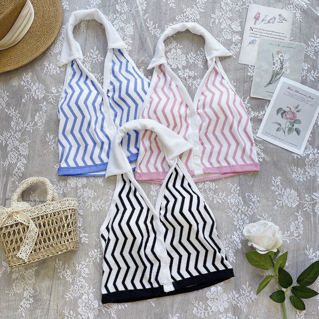 chất len gân-áo kiểu cổ bẻ yếm cài nút họa tiết zic