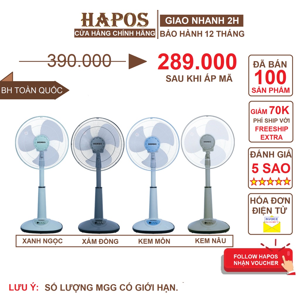 [Mã 99ELSALE hoàn 7% đơn 300K] Quạt lửng Senko L1338 / L1638 Màu Ngẫu Nhiên (Hàng chính hãng) - HAPOS Phân Phối