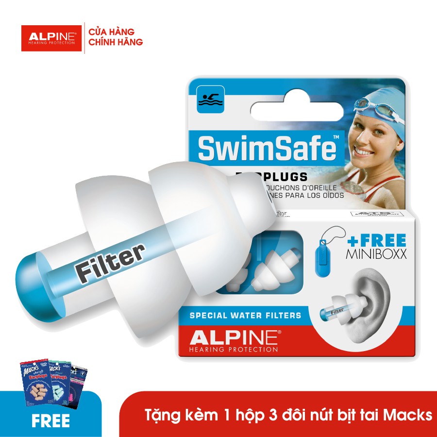 Hộp 1 đôi nút bịt tai đi bơi SwimSafe (Chống nước) thương hiệu Alpine - Nhập khẩu Hà Lan