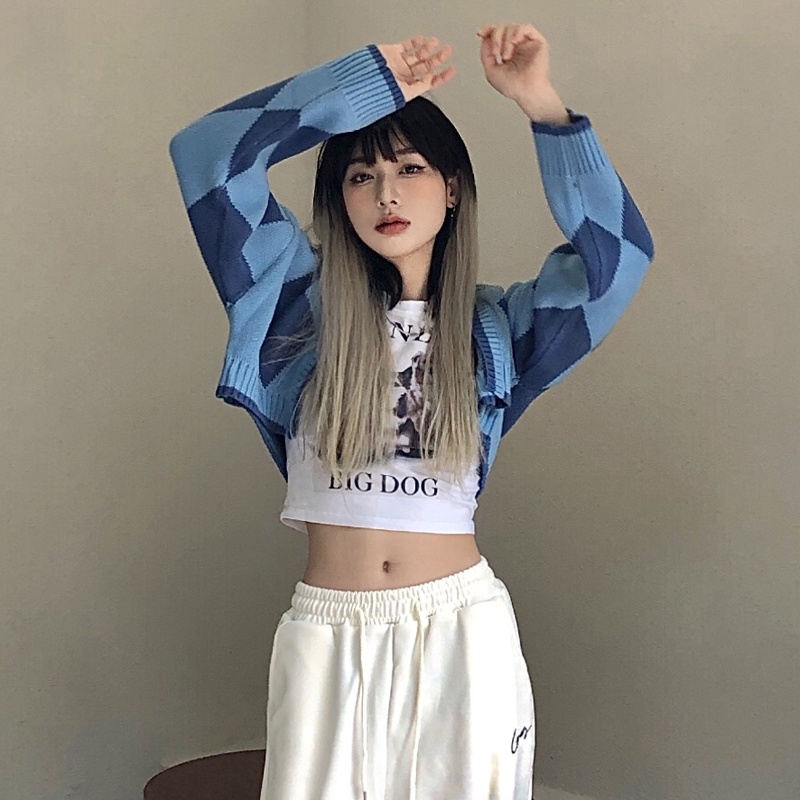 Áo khoác cardigan dài tay họa tiết sọc caro phong cách mới 46140