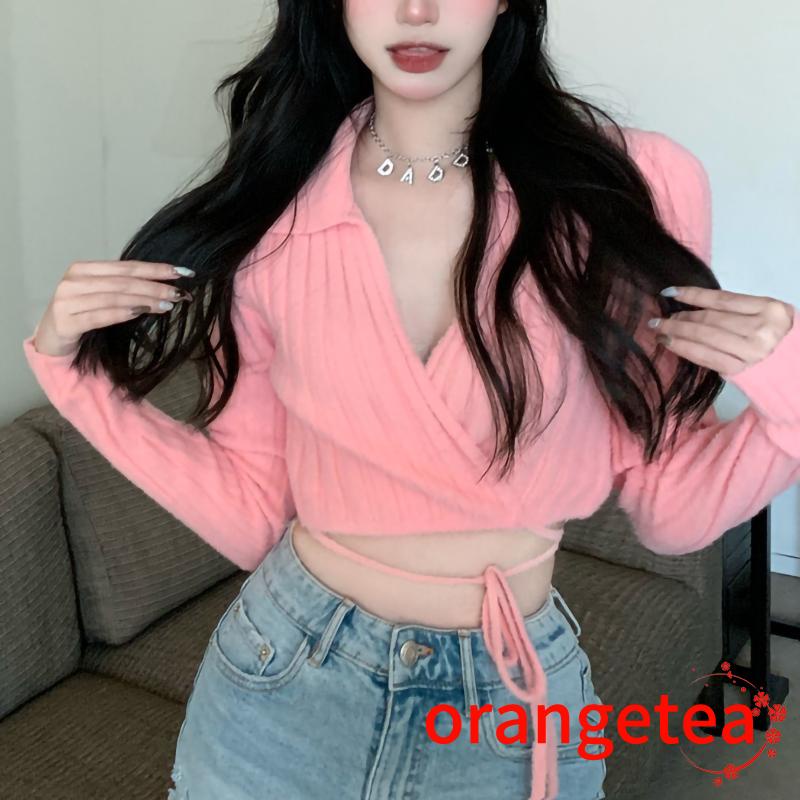 Áo Croptop Dệt Kim Tay Dài Cổ Chữ V Màu Sắc Quyến Rũ Cho Nữ