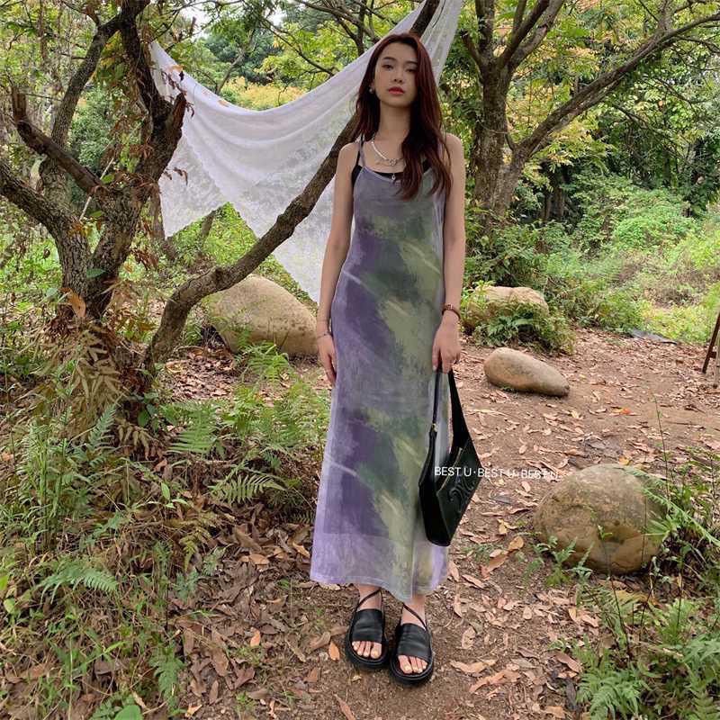 Đầm Hai Dây Họa Tiết Màu Nhuộm Thời Trang Sành Điệu Cho Nữ