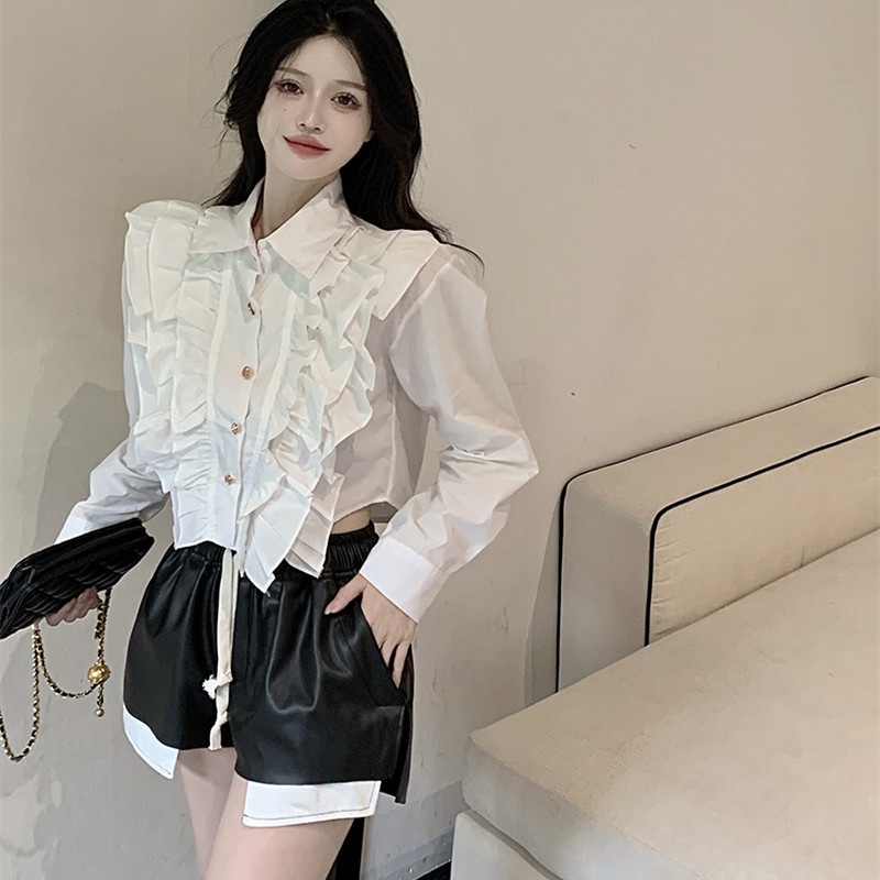 Set Áo Sơ Mi Tay Dài + Quần Short Da pu Lưng Cao Thời Trang