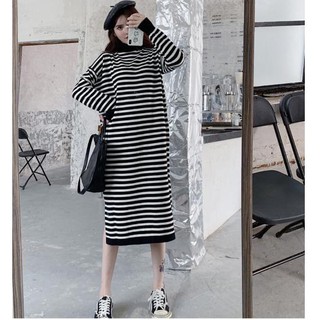 Váy len kẻ sọc ngang dáng dài kiểu dáng Hàn Quốc Thu Đông 2019