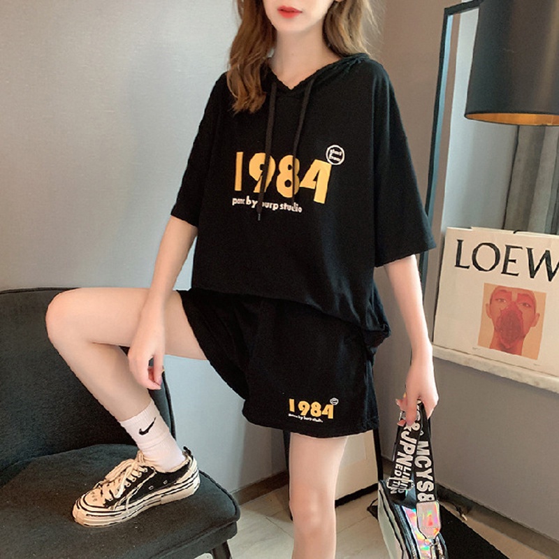 Bộ áo thun tay ngắn + quần ngắn IELGY in họa tiết phong cách Hàn Quốc thời trang cho nữ