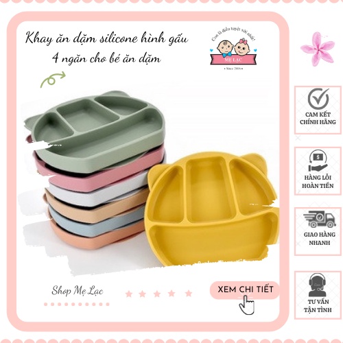 Khay ăn dặm silicon hình gấu 4 ngăn có đế hút chân không, chống lật an toàn cho bé