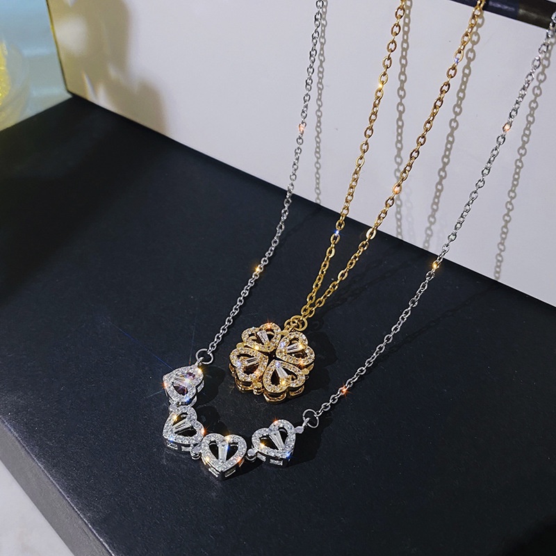Women folding heart-shaped four-leaf clover Pendant Necklace/Girls cubic zirconia Simple Chain Necklaces /Ladies Fashion Design jewellery Gifts