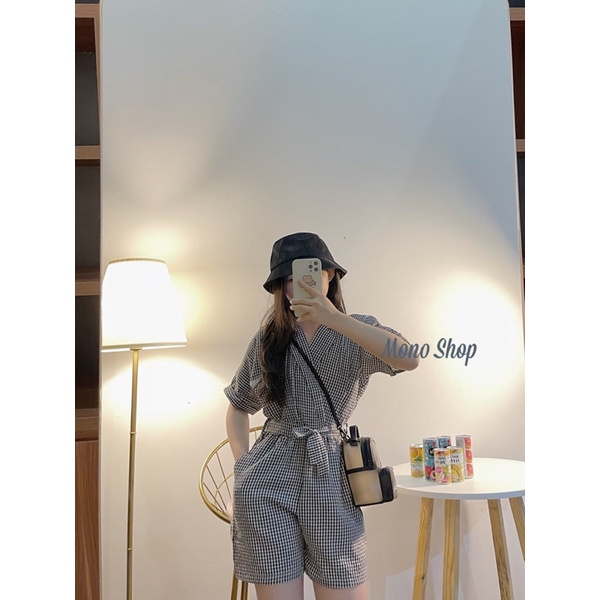 Set jumsuit cổ vest kẻ caro, set jum caro cột dây (ảnh thật/sẵn)