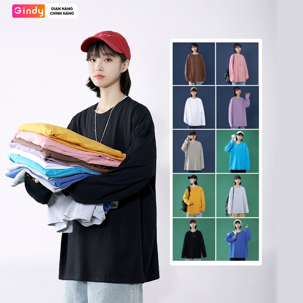 Áo thun phông nam nữ form rộng dài tay GINDY cổ tròn unisex basic vải cotton 100% co dãn thời trang xuân hè 2021 A9102