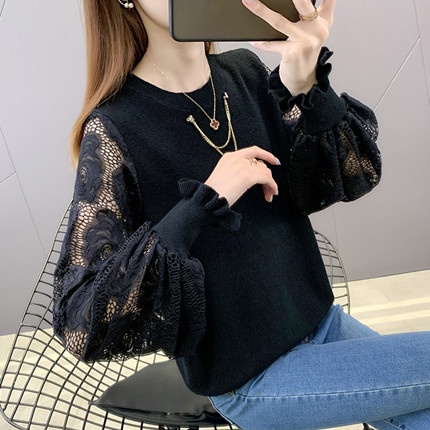 Áo Len Nữ Cổ Tròn Tay Phối Ren Ulzzang Hàn Quốc Đẹp (D042)