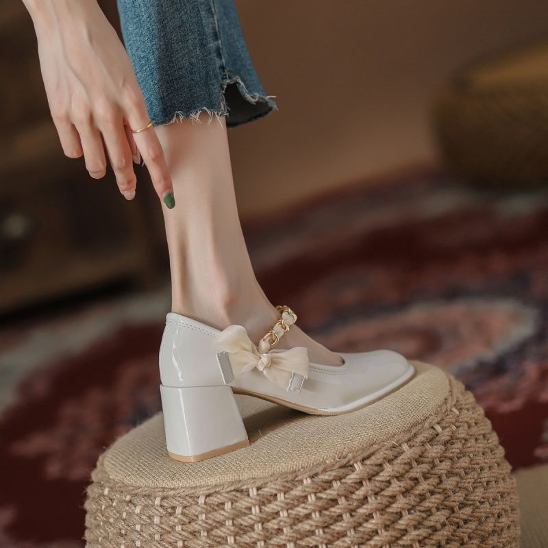 Giày Búp Bê Gót Dày Đính Nơ Phong Cách Pháp Thời Trang Mới Cho Nữ