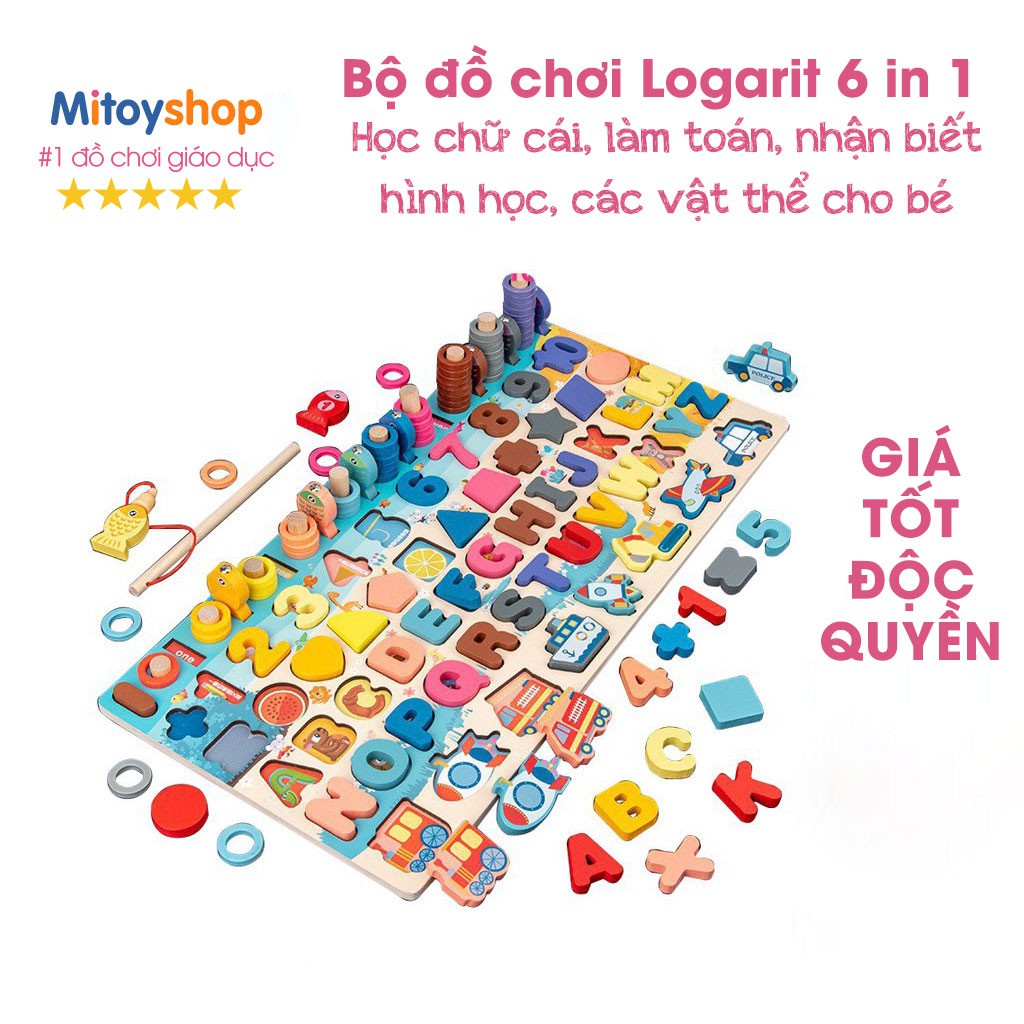 Bảng Ghép Gỗ Montessory Đa Chức Năng 6 Trong 1 Câu Cá Xếp Chữ Số Hình Khối Phương Tiện Giao Thông Thả Vòng rèn trí tuệ