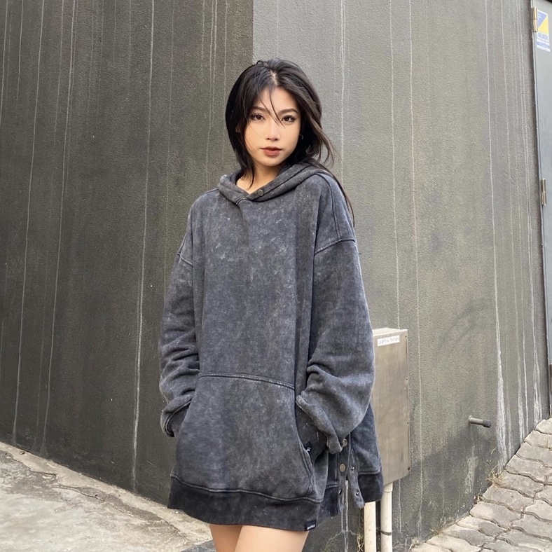 Áo hoodie unisex acid button đen khói Jiang Store - áo nỉ hoodie unisex form rộng trẻ trung