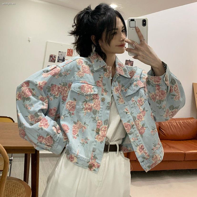 Honypove Áo khoác denim in hình hoa hồng/ Áo không tay phong cách retro thời trang mùa thu mẫu mới 2021