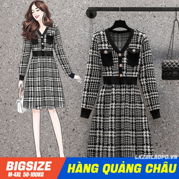 Đầm tiểu thư len ⚡️𝐁𝐈𝐆𝐒𝐈𝐙𝐄⚡️ Váy nữ kẻ sọc caro dệt kim tay dài Cổ Chữ V che bụng mỡ ôm eo mùa thu đông Phong cách chanel sang chảnh cá tính xinh đẹp quảng châu cao cấp