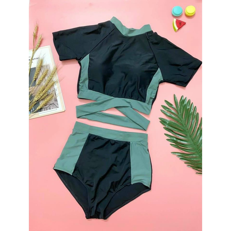 Bikini bộ bơi đi biển tay lửng croptop quần lưng cao phối rêu kín đáo (màu đen) EVA TLHQR