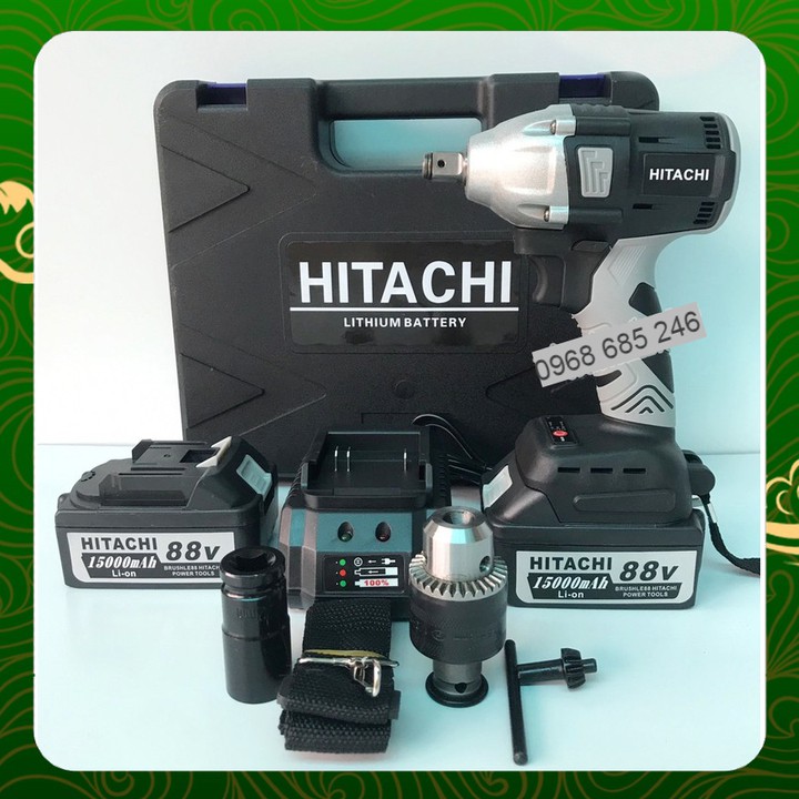 Xiết bulong Hitachi 88V không chổi than 2 pin 100% dây đồng tặng kèm đầu 1 khẩu 22, 1 đầu MĂNG RANH