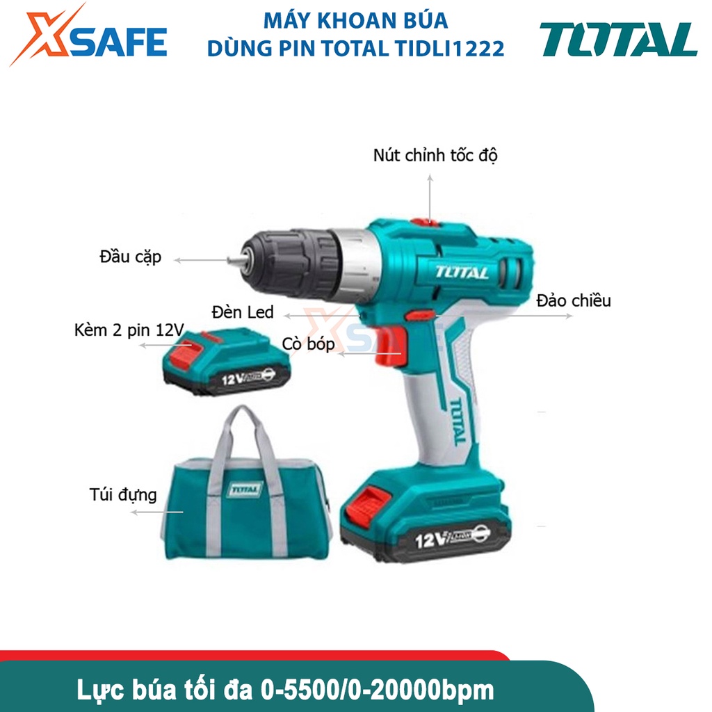 Máy khoan pin cầm tay 12V TOTAL TDLI1222 tốc độ 1350v/p, lực siết 25nm, khả năng khoan 10mm, nhông 2 tốc độ - chính hãng