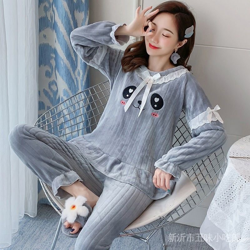Bộ Đồ Ngủ Lông Cừu San Hô Dày Dặn Ấm Áp Dễ Thương Cho Nữ