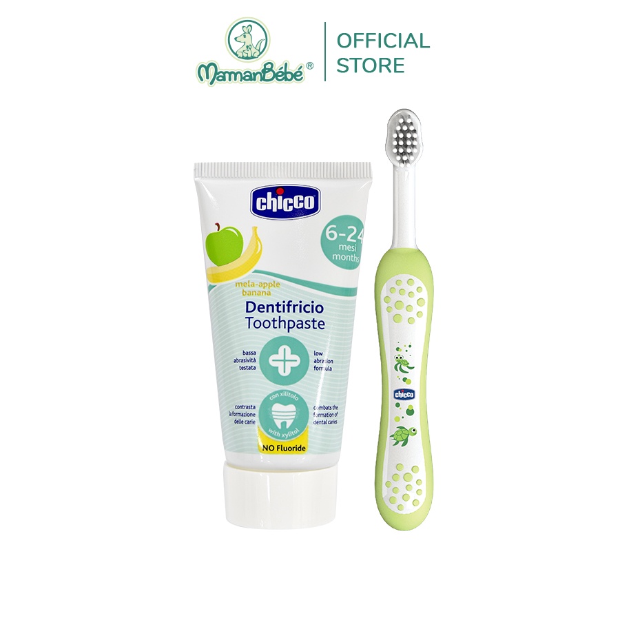 Combo Kem đánh răng hương Chuối - Táo 50ml 6M+ &amp; Bàn chải đánh răng Chicco