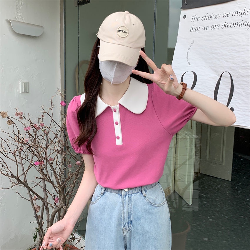 Áo Thun POLO Tay Ngắn Phồng Cổ Bẻ Phối Màu Thời Trang Mùa Hè Dành Cho Nữ
