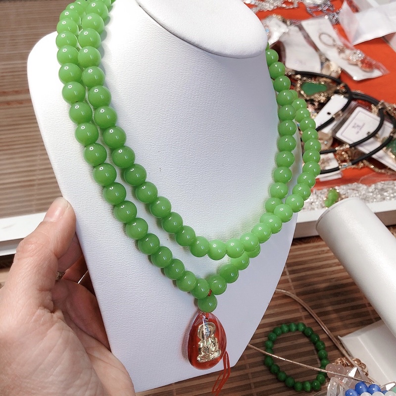 Tràng Hạt Đá Xanh, Trắng Ngọc Cao Cấp 108 Hạt 10li Mặt Phật Bà Quan Âm Dùng Niệm Phật