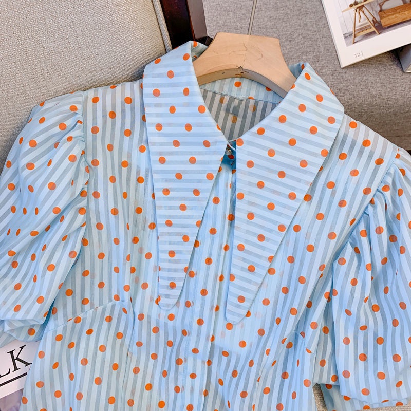 Áo Sơ Mi Chiffon Tay Ngắn Họa Tiết Chấm Bi Thời Trang Xu Hướng Mới Dành Cho Bạn Nữ