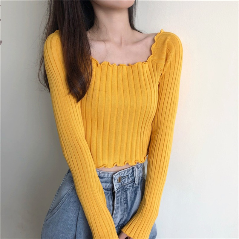 🐇 Áo Lửng Tay Dài Thời Trang Dành Cho Nữ Áo Croptop Áo thun nữ, áo croptop tay dài Dệt Kim Tay Dài Trễ Vai Thiết Kế Ôm Sát Quyến Rũ
