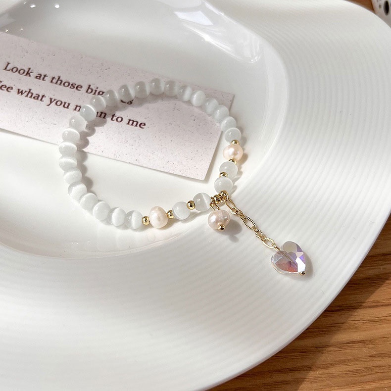 XiaoboACC Vòng Tay Chuỗi Hạt Ngọc Trai Mặt Hình Trái Tim Phong Cách Hàn Quốc Thời Trang Dành Cho Nữ