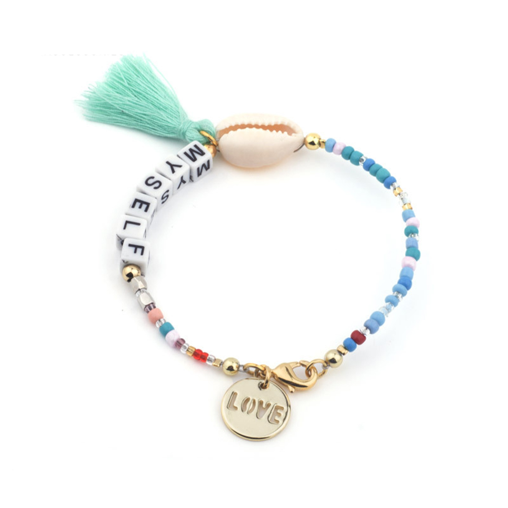 SBaby_ Bohemian Women Love Myself Letter Cowrie Shell Tassel Charm Beaded Bracelet