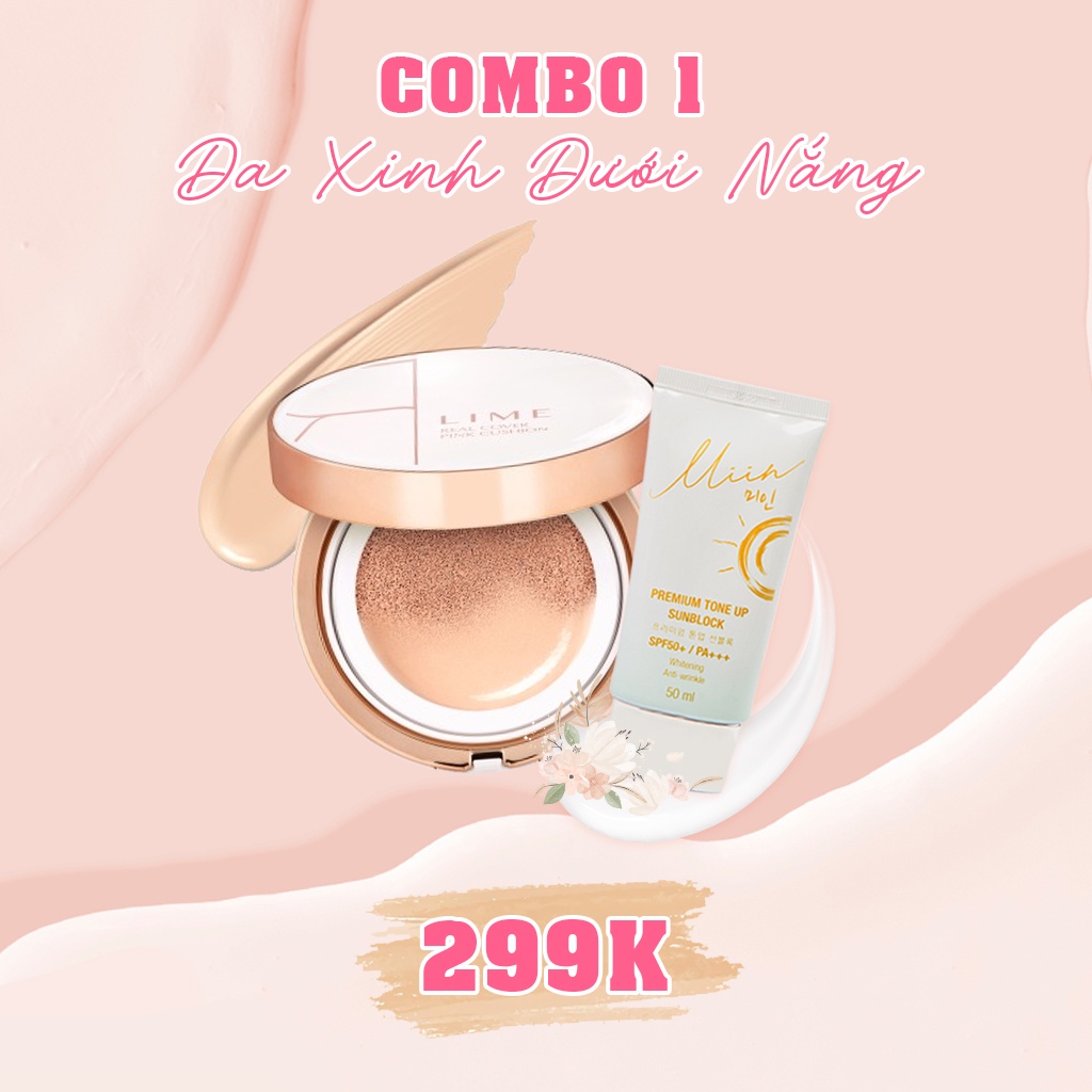 Combo Da Xinh Kem Chống Nắng Lime Miin Daily + Phấn Nước Kiềm Dầu Lime Cover Pink Cushion 20g