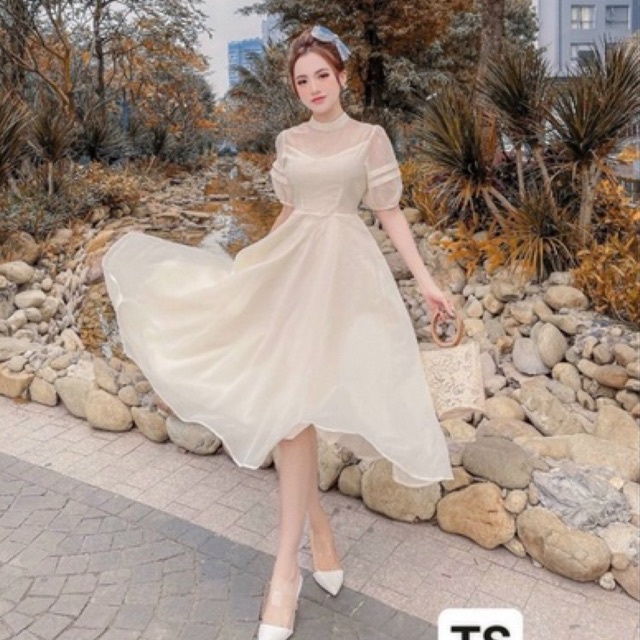 Váy đầm trắng dự tiệc sang trọng Vintage xòe cưới dự tiệc cô dâu chất voan tằm phối lưới V0060 full size HADI DRESS
