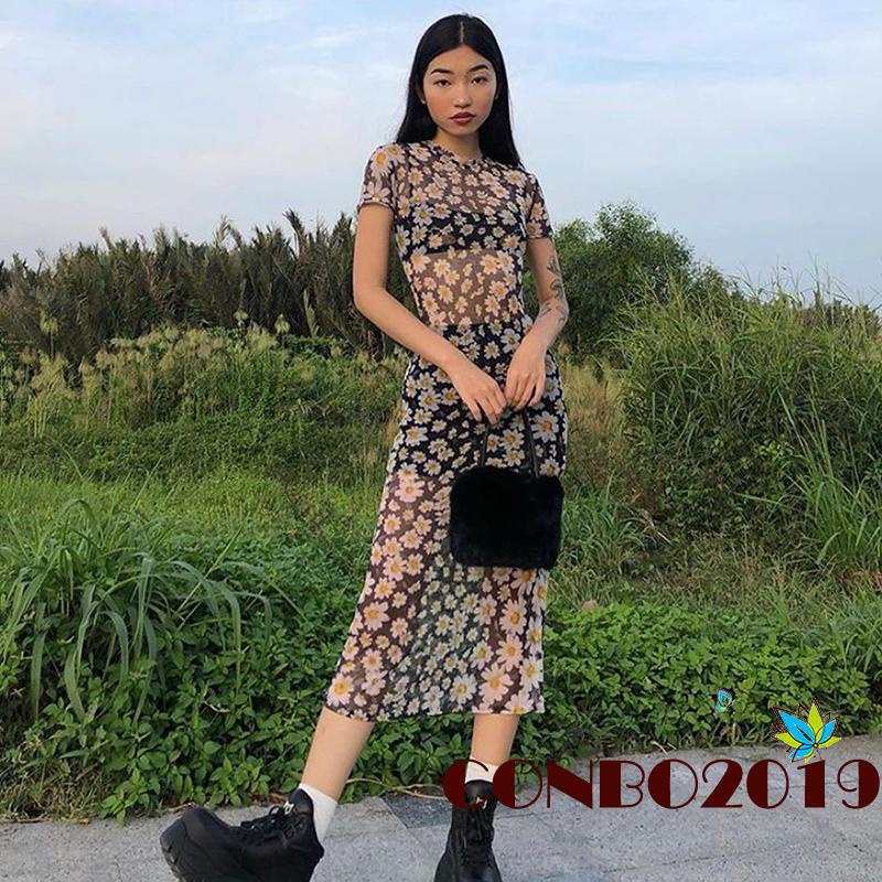 Đầm Lưới Tay Ngắn Cổ Tròn In Họa Tiết Hoa Cúc Xinh Xắn Thời Trang Cho Nữ