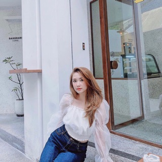 Áo trễ vai bánh bèo nữ tay dài ( voan kiếng dài tay)