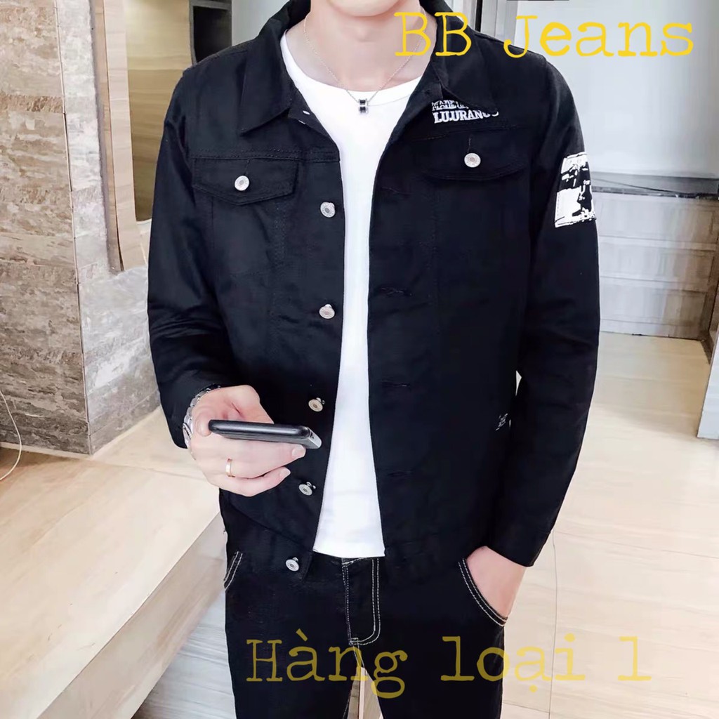 Áo khoác jean nam nữ màu đen thêu Jean Fashion túi huy hiệu form chuẩn PT03