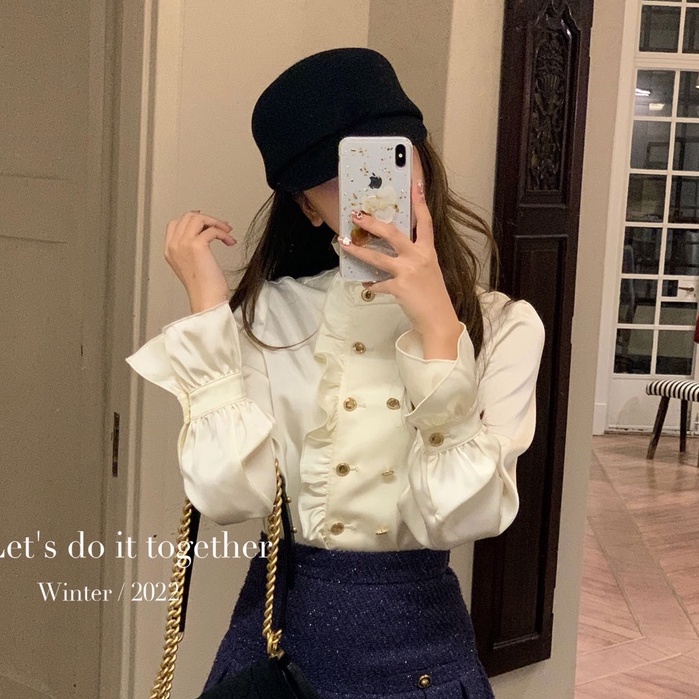 Áo sơ mi trắng nữ dài tay thiết kế cổ tàu phối bèo vói 2 hàng cúc sang chảnh lịch sự - A240