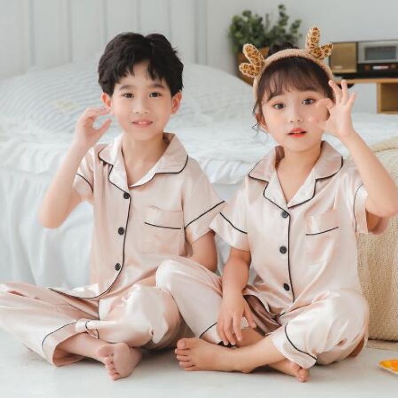 Pijama Cho Trẻ Em Ngắn Tay Lụa Satin Bộ đồ Ngủ Bé Trai Bé Gái