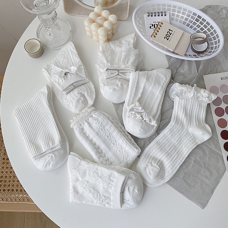 Đôi vớ bằng cotton mềm co giãn phối ren bèo phong cách lolita cho nữ