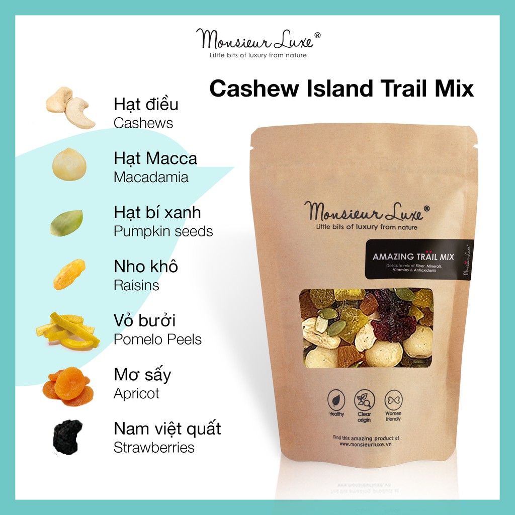 Hỗn hợp Hạt trái Đảo hạt điều Luxe (Cashew Island TrailMix) 250g/500g - Ăn vặt Healthy với Hạt Sấy Lạnh & Trái cây khô