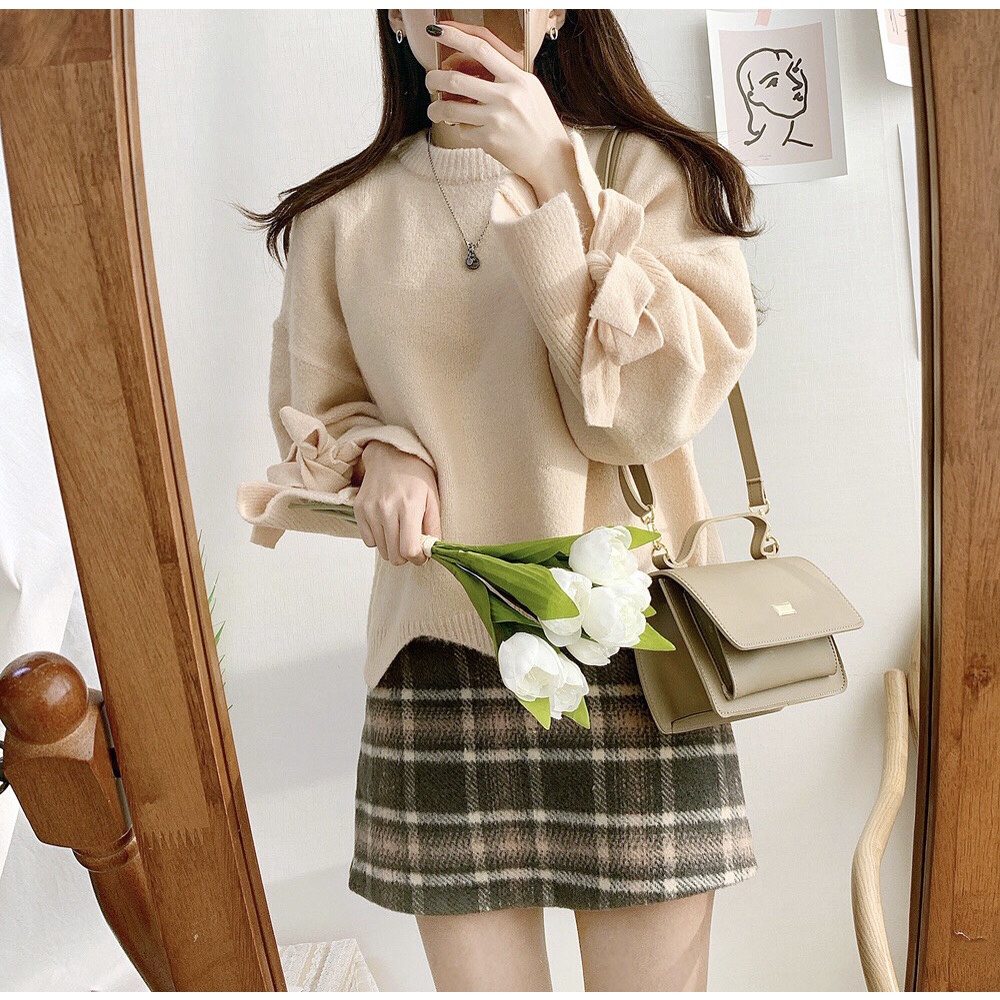{HCM / CÓ SẴN} SET ÁO LEN VÀ CHÂN VÁY CARO PHONG CÁCH HÀN QUỐC SIZE M