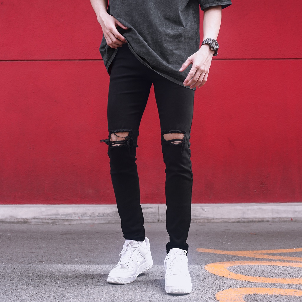 Quần Skinny Jeans Nam-Màu Đen-Rách Ngang Gối-Chất Liệu Cotton Co Giãn-Ống Đứng Dáng-Ống Ôm Chân Chuẩn Skinny