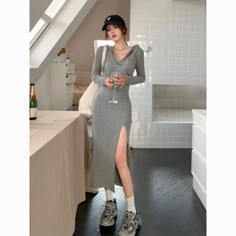 COZOK Đầm Midi Tay Dài Có Mũ Trùm Đầu Kiểu Dáng Trẻ Trung Năng Động