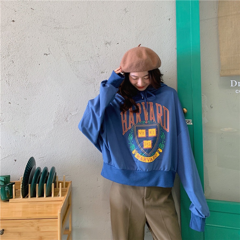 SUXI Áo Hoodie Nữ Tay Dài Dáng Rộng In Hình Phong Cách Hàn Quốc