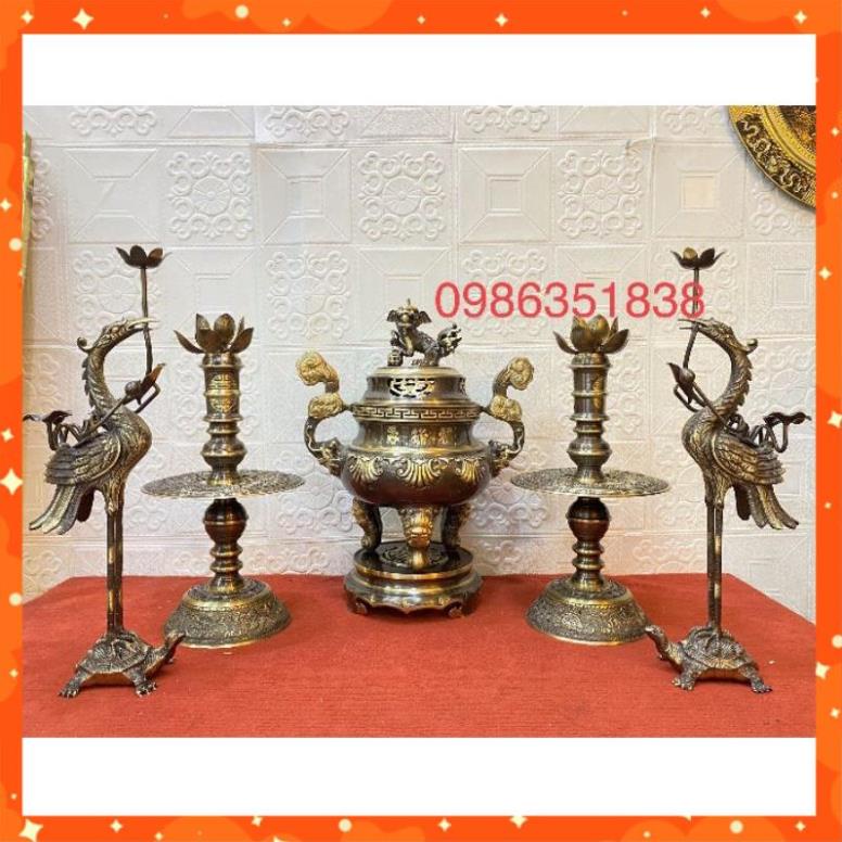 Bộ đỉnh đồng 7 món hoa sòi cao 50  đúc liền màu hun cạo cho ban thờ cỡ trung và đại