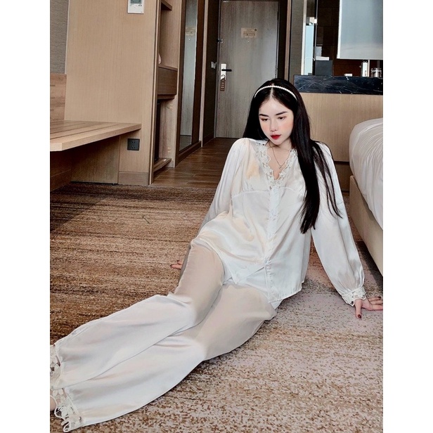 [Siêu hot] Đồ bộ pijama mặc nhà LỤA LATIN cổ V đắp ren tay dài phồng cao cấp chuẩn QCCC