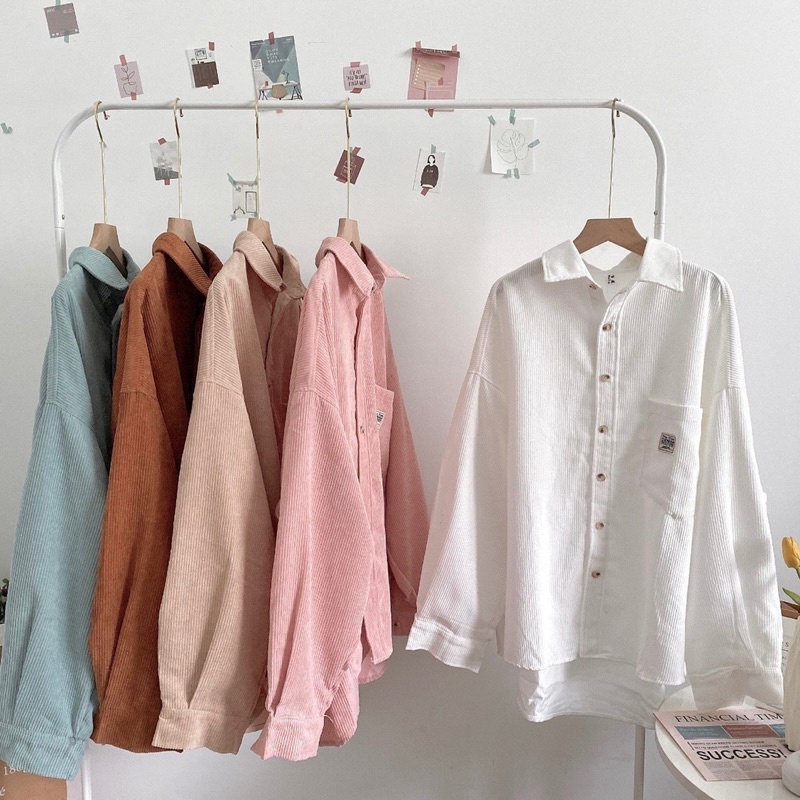 Áo sơ mi nhung nữ thêu túi trước nhiều màu dáng rộng oversize Pumi