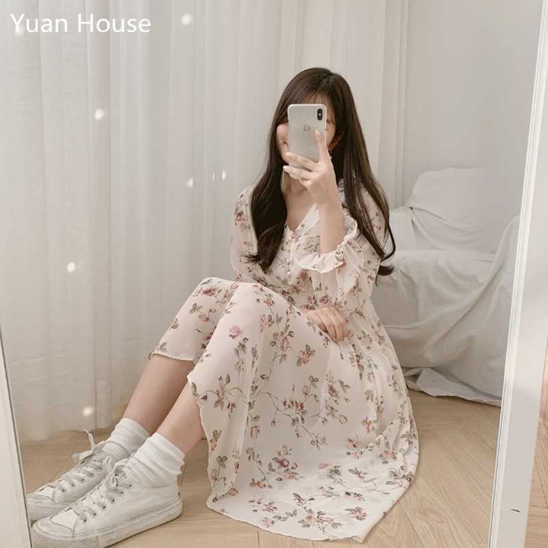 (ORDER) Váy voan hoa lá xòe dáng dài thun eo cài khuy cổ V style Vintage Hàn Quốc nhẹ nhàng 2020